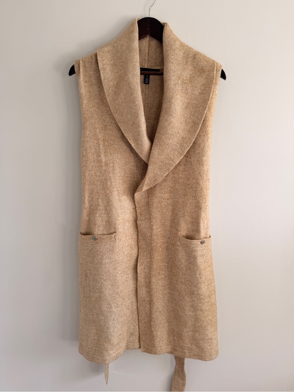 White House Black Market Belted Shawl Collar Sweater Vest Beige Medium